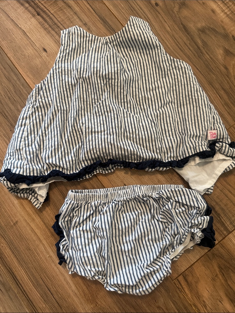 Ruffle Butts Navy & White Striped Baby Dress Set Sz 12-18M
